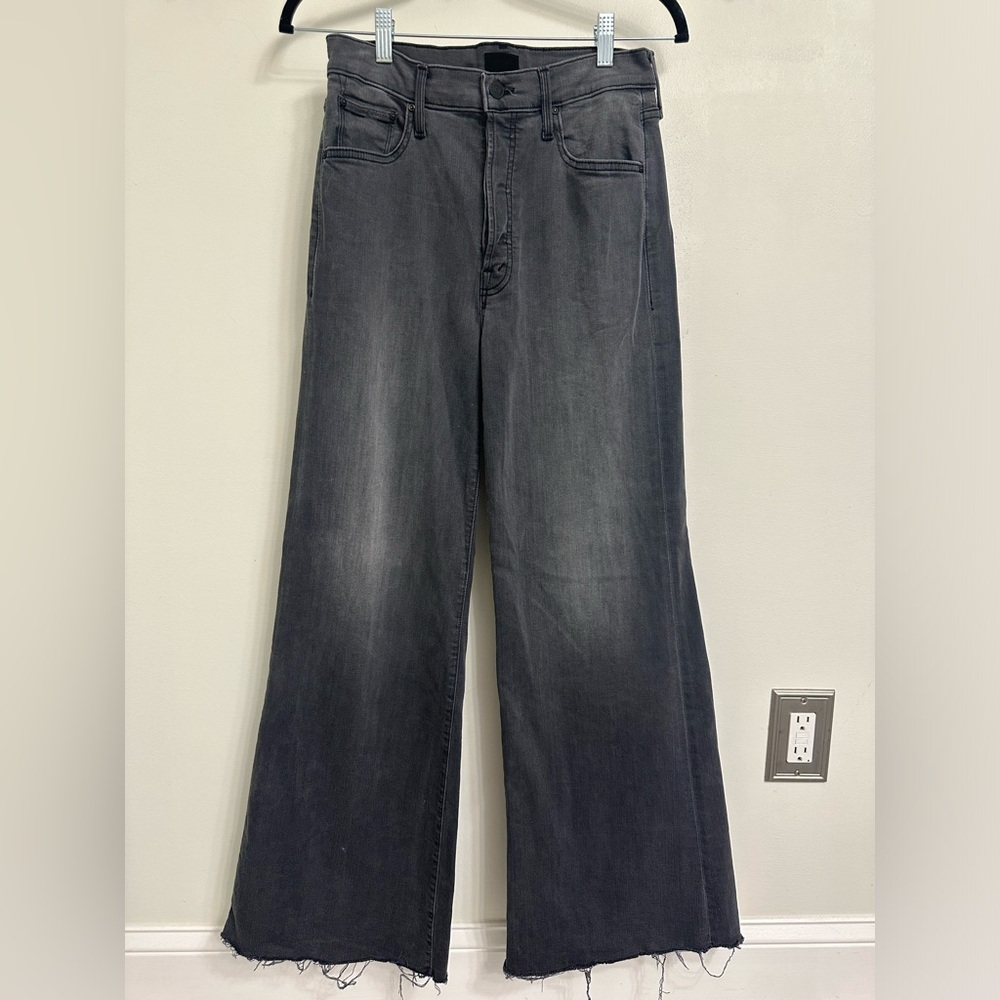 MOTHER Wide Leg Flared Jeans in Washed Black
